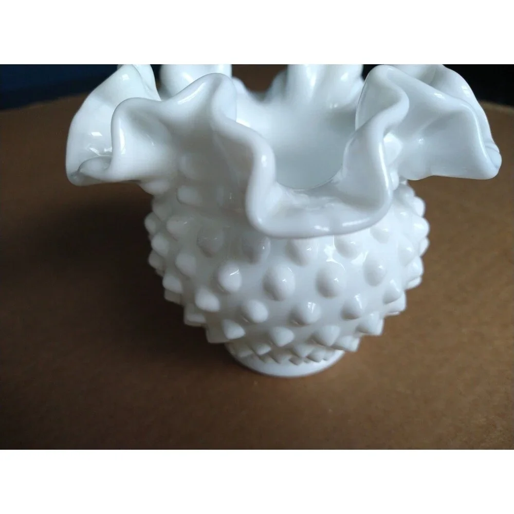 Set of 2 Fenton Milk Glass White Hobnail Ruffled Edge Small Bowl Vases Opaque